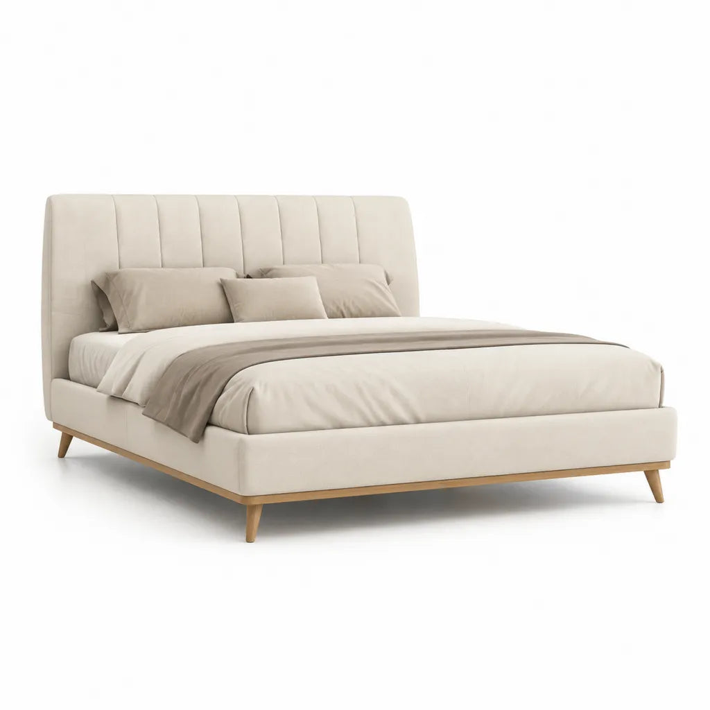 Letto matrimoniale imbottito 160 x 200 cm in poliuretano beige con testiera alta e gambe in legno massello