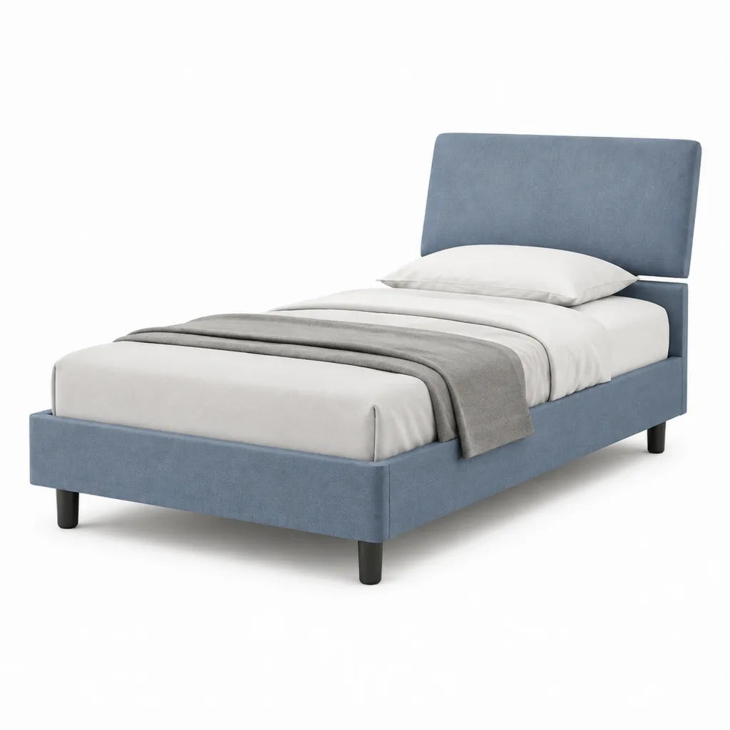 Letto singolo con testiera imbottita 90 x 190 cm in poliestere blu
