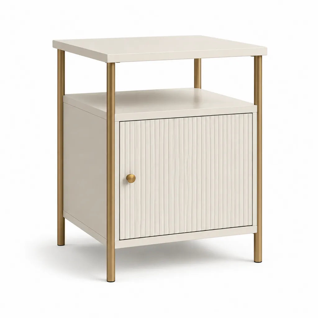 Comodino quadrato 40 x 40 x 60 cm in MDF bianco con anta e struttura in acciaio dorato
