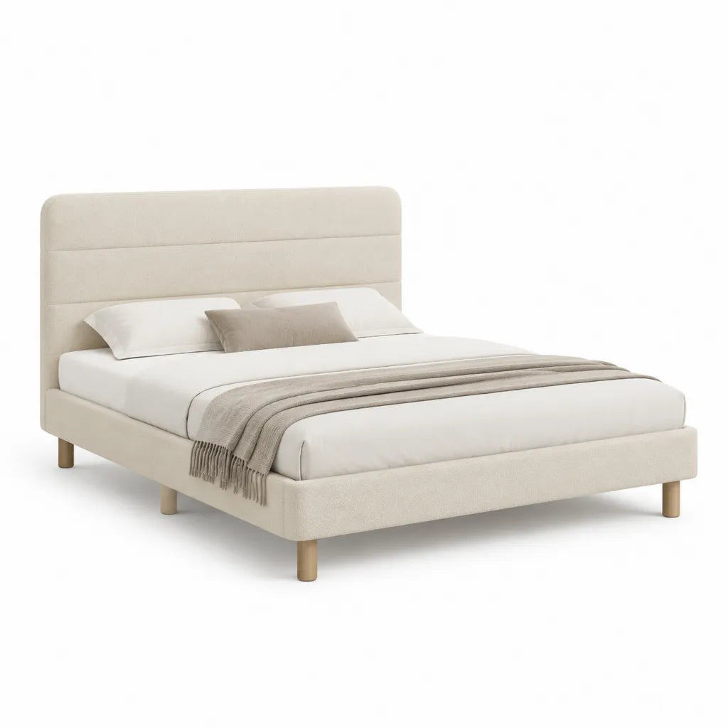 Letto matrimoniale imbottito 160 x 200 cm in poliestere beige con testiera alta e gambe in legno massello